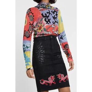 DESIGUAL NWT $129 Dragons Embroidered Pink Red Gold Skirt Size US 2